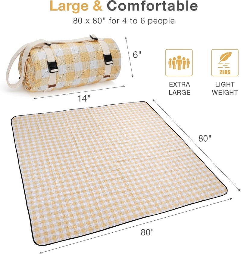 WILLOW WEAVE Picnic Blanket, 80''x80'' Waterproof Outdoor Blankets, Picnic Mat Washable for Beach, Picnic Blankets for Camping on Grass with Shoulder Strap - Yellow & White - Image 2